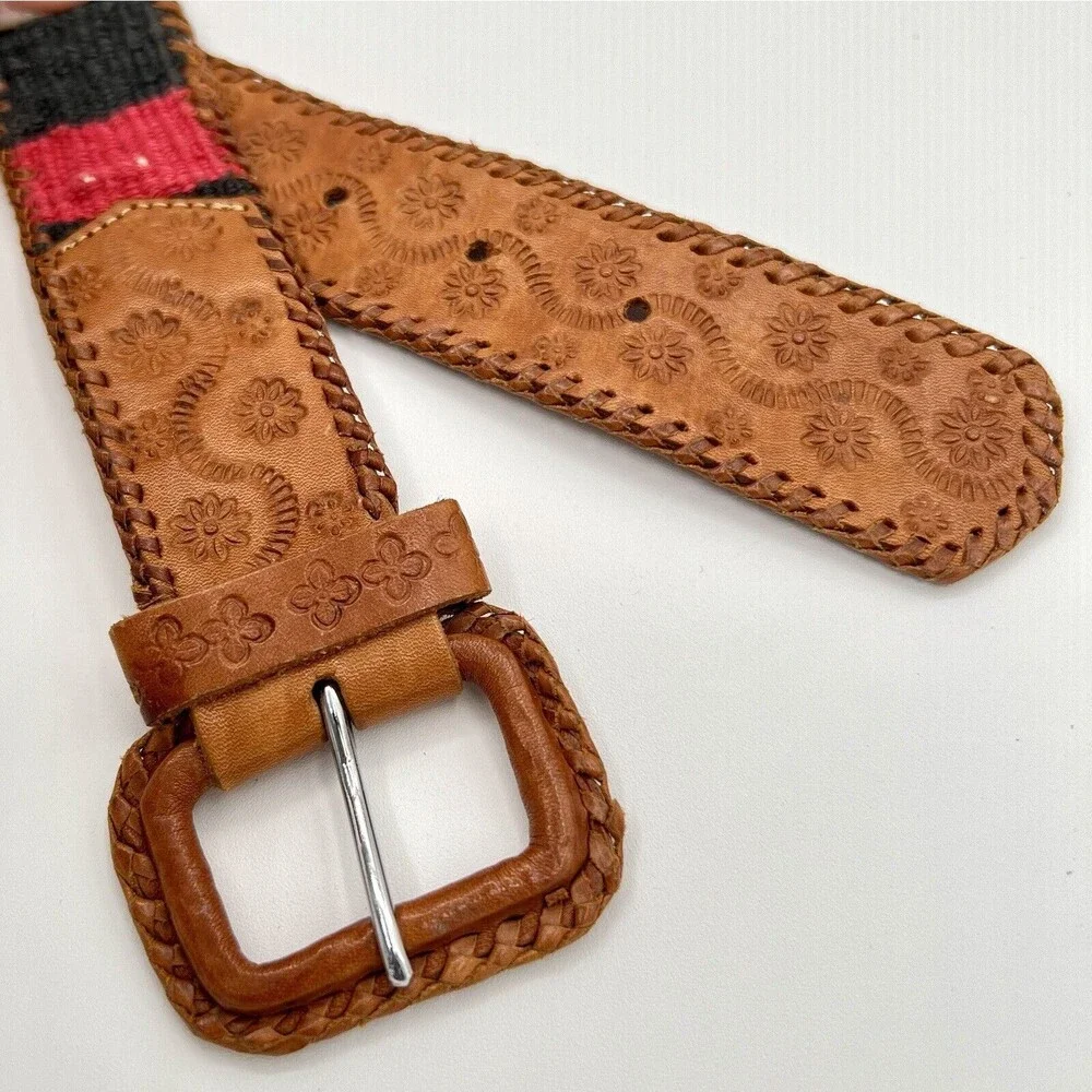 Lands' End Belt Guatemala Woven Tapestry Stamped Leather Colorful Vintage Sz 30